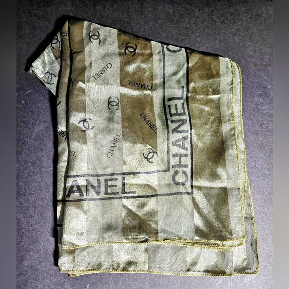Vintage Authentic CHANEL Square Green Shadow-Striped Scarf with Black Logo - Picture 1 of 11